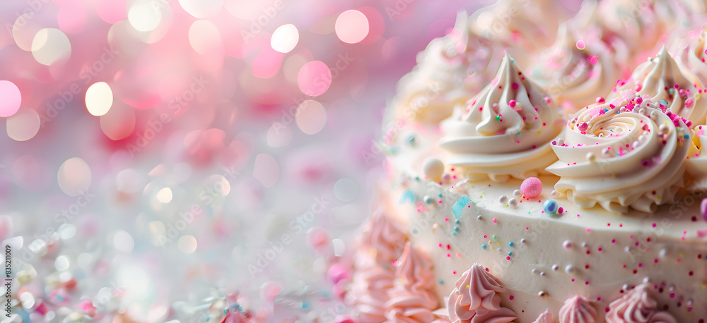 A birthday cake topped with buttercream icing set against a festive background A birthday cake topped with buttercream icing set against a festive background