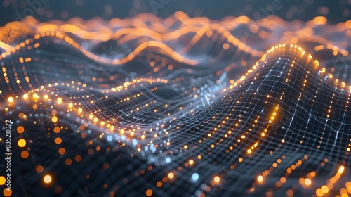 Glowing Futuristic Digital Landscape with Dynamic Particle Flow and Data Visualization