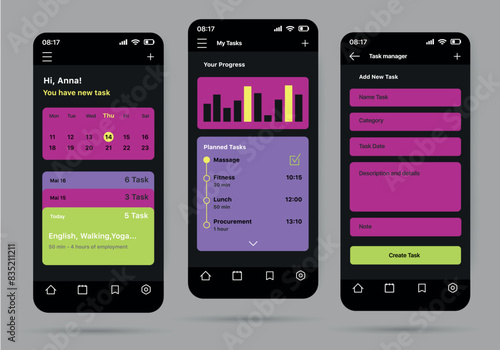 Task planner app concept in flat design. A convenient application for planning the day with the ability to make a to-do list, track progress and see comparative graphs. Vector Illustration.