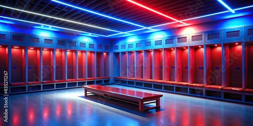 Empty football players locker room with blue and red lighting, lockers, lights, sports, equipment, empty, interior, football, soccer, team, sport, athletic, stadium, locker room, blue, red photo