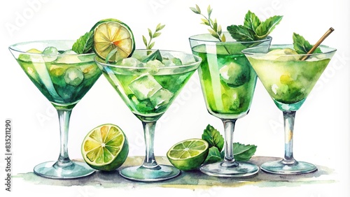 Watercolor of green cocktails in glasses for restaurant menus, watercolor,cocktails, drinks, glasses, dry martini, olives, margarita, lime, salt, dirty martini, alcohol, isolated photo