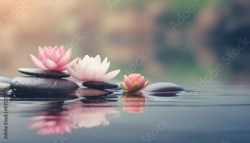 A white flower is on top of a pile of rocks in a body of water