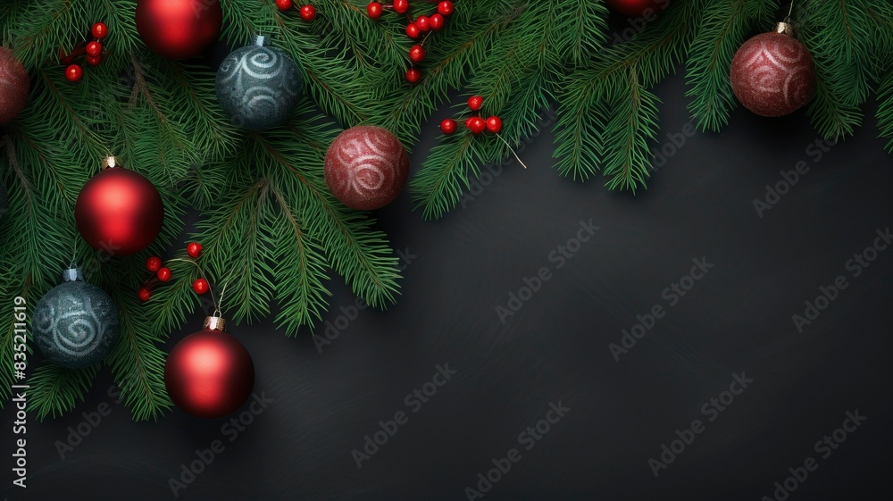 christmas balls and fir branches flat lay top view, generative ai christmas balls and fir branches flat lay top view, generative ai