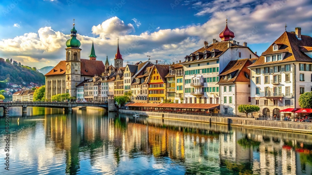 Beautiful view of Switzerland Luzern city center with historic buildings and cobblestone streets, Switzerland, Luzern, city center, historic, buildings, architecture, cobblestone, streets