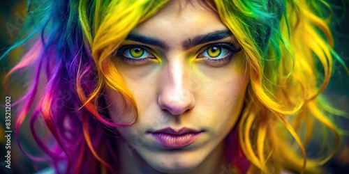 Portrait of colorful dyed hair and intense yellow eyes with soft focus background, young woman, portrait, colorful hair, dyed hair, yellow eyes, intense eyes, soft focus, background, beauty