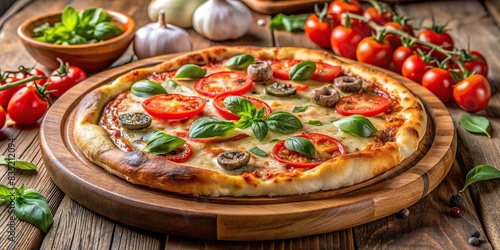 Classic Italian pizza on a wooden plate  pizza  Italian  traditional  cuisine  wood  plate  homemade  authentic  delicious  fresh  baked  savory  toppings  mozzarella  tomato  basil  crust