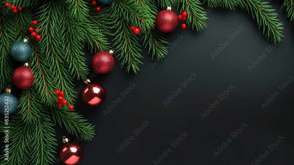 christmas balls and fir branches flat lay top view, generative ai