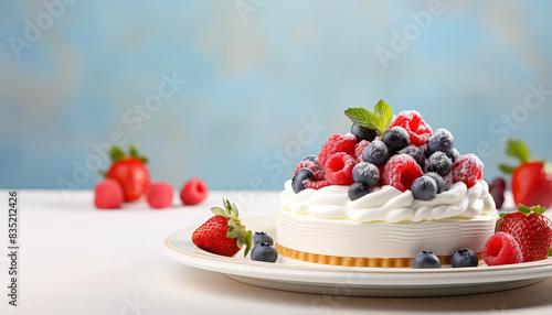 A cake with strawberries, blueberries, and raspberries on top