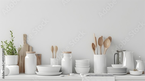 Rustic Homemade Kitchen Utensils and Tableware on Minimalist Wooden Table photo