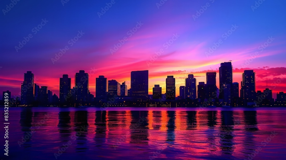 Obraz premium City Skyline at Dawn: Create a breathtaking city skyline at dawn with the first light of day, silhouetted skyscrapers, and a calm urban landscape, ideal for travel guides and city promotions.