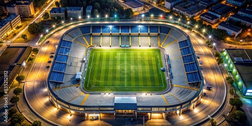Aerial view of empty soccer stadium at night  stadium  soccer  night  lights  aerial  empty  field  sports  illuminated  arena  seats  architecture  sports complex  grass  floodlights