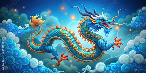 Happy Chinese New Year 2024 celebration with a blue dragon on a blue background   Chinese New Year  2024  Blue Dragon  Zodiac sign  celebration  festive  traditional  lunar  decoration