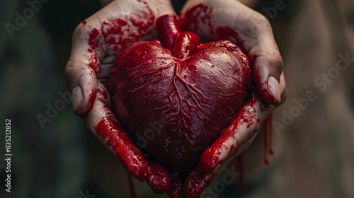 Close-up of a hand gripping a real bleeding human heart, veins visible, symbolizing the end of love