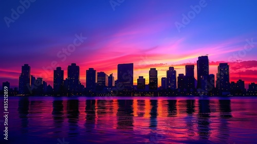 City Skyline at Dawn: Create a breathtaking city skyline at dawn with the first light of day, silhouetted skyscrapers, and a calm urban landscape, ideal for travel guides and city promotions. © tanongsak
