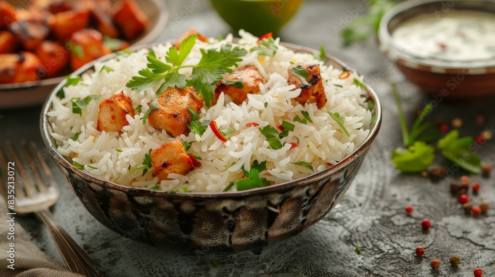Close-up of a bowl of perfectly cooked basmati rice alongside a bowl of tender chicken chunks, showcasing delicious details for a product advertisement Close-up of a bowl of perfectly cooked basmati rice alongside a bowl of tender chicken chunks, showcasing delicious details for a product advertisement