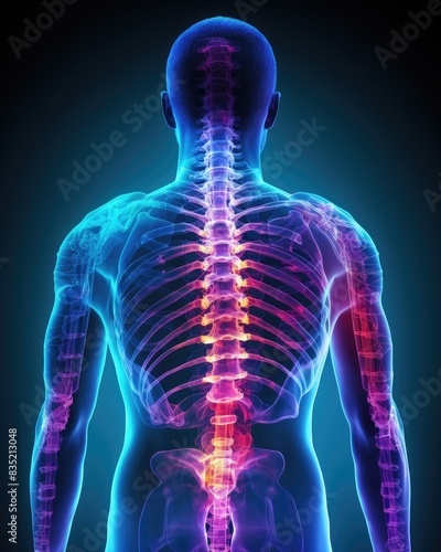 3D illustration of the human spine with highlighted vertebrae