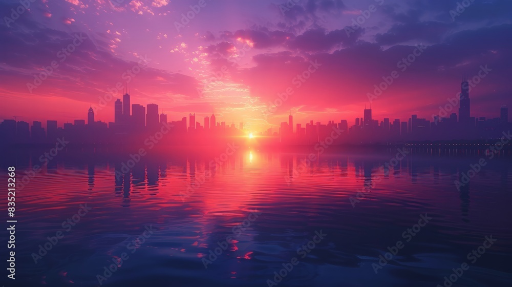 Naklejka premium City Skyline at Dawn: Create a breathtaking city skyline at dawn with the first light of day, silhouetted skyscrapers, and a calm urban landscape, ideal for travel guides and city promotions.
