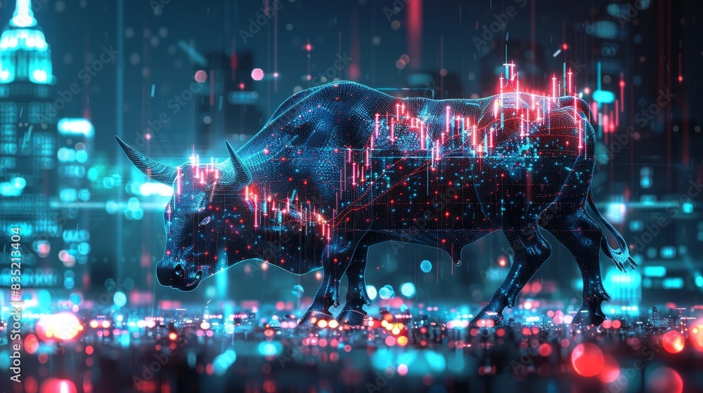Bull silhouette filled with futuristic financial charts and a city illuminated by vibrant stock market displays Bull silhouette filled with futuristic financial charts and a city illuminated by vibrant stock market displays