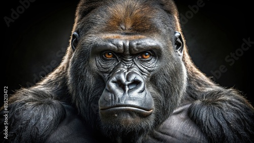 Beautiful portrait of a powerful male gorilla with a stern face on a black background, gorilla, silverback, dominant, anthropoid, ape, intense, portrait, fierce, wildlife, animal, isolated
