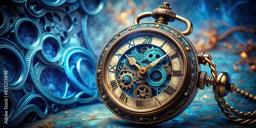 An old steampunk-style blue vintage watch on a generative background , blue, rouse, old, background, generative, ai, steampunk style, vintage, watch, technology, clock, antique, retro