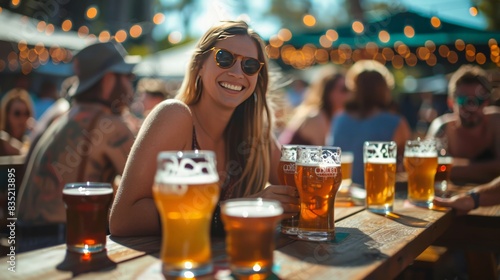 Craft Beer Festival: Depict a lively craft beer festival with diverse brews, cheerful patrons, and a festive atmosphere, perfect for event promotions and culinary blogs. photo