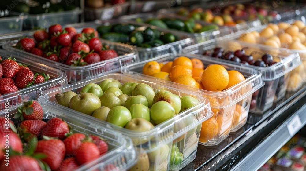 Assorted fruits and vegetables in clear plastic containers, with a background of a bustling grocery store aisle Assorted fruits and vegetables in clear plastic containers, with a background of a bustling grocery store aisle