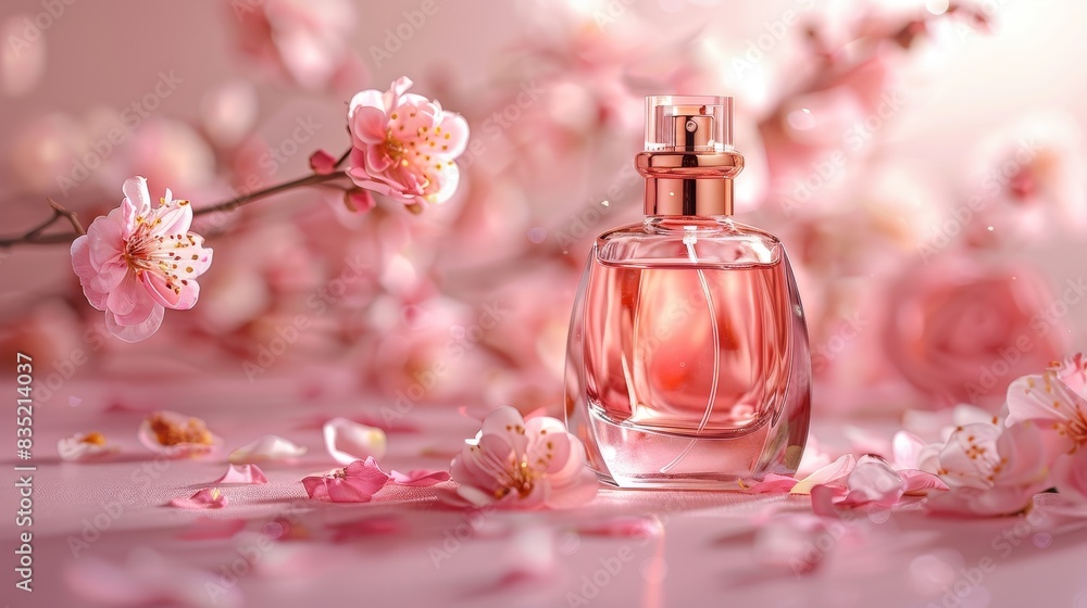 Artistic composition of a rose gold perfume bottle with scattered flower petals on a modern dressing table, pink background Artistic composition of a rose gold perfume bottle with scattered flower petals on a modern dressing table, pink background