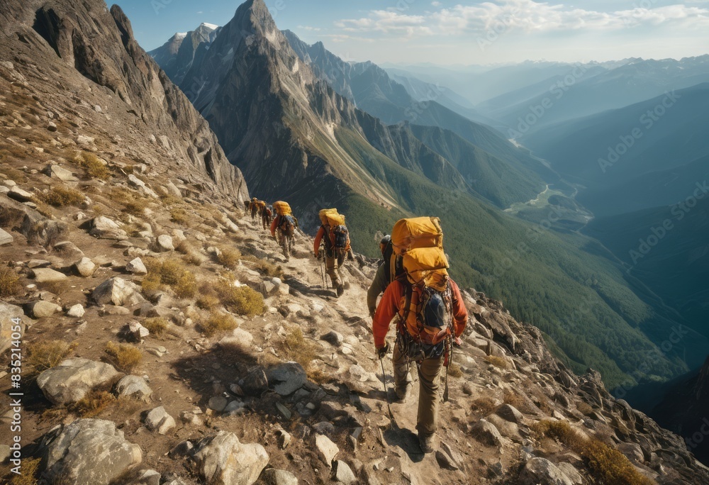 Obraz premium Mountain climber ascending a rugged trail with determination, exemplifying adventure and personal challenge in nature.