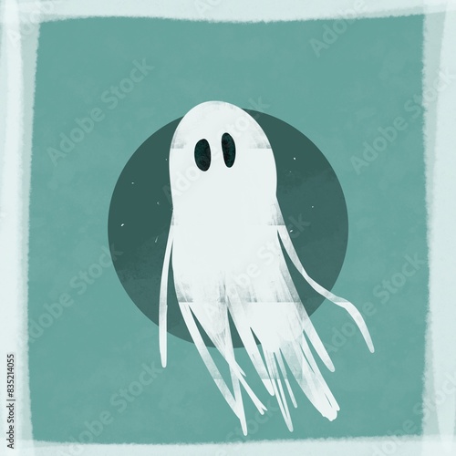 Cute cartoon ghost on a textured teal background, Illustration