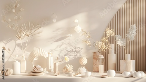 Artfully Arranged Contemporary Monochrome Still Life Display with Vases and Ceramics