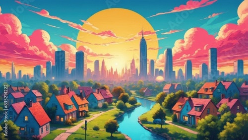 Beautiful panoramic illustration of amazing cityscape on the background of sunset 