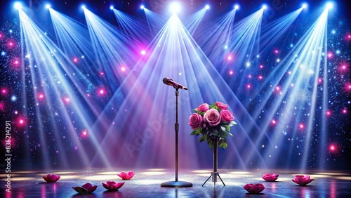 Beautiful stage set up with spotlight on microphone for K-pop singer performing romantic ballad , K-pop, female singer, romantic, ballad, music, live stage, spotlight, microphone photo