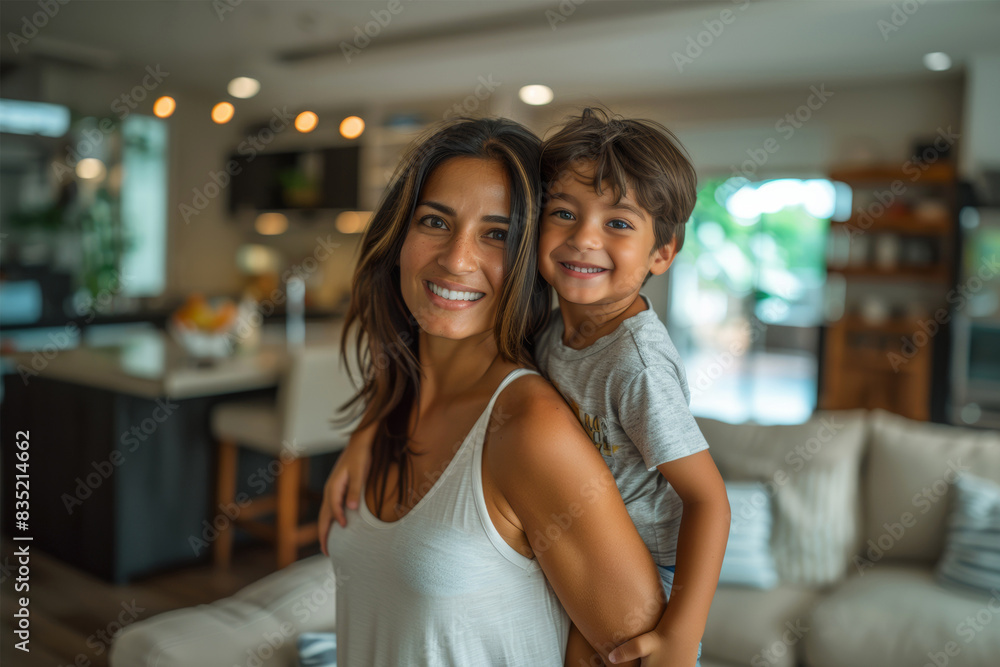 A woman and a child are smiling and posing for a picture in a living room A woman and a child are smiling and posing for a picture in a living room