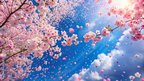 of cherry blossom petals fluttering in the blue sky, sakura, cherry blossoms, petals, fluttering, blue sky,spring, nature, beauty, Japanese, hanami, season, blossoming, floral, peaceful