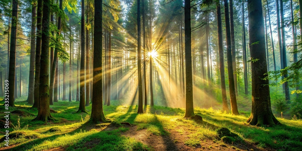 of a forest with sunlight filtering through the trees, forest, sunlight, trees, serene, nature, peaceful, shadows, anime, manga, art, beauty, tranquil, landscape, wood, light, shadows