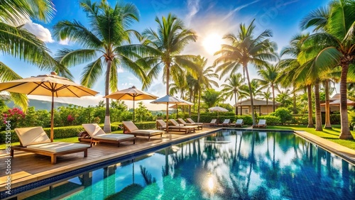 Luxury hotel grounds with swimming pool  sun loungers  parasols  and palm trees for a tranquil vacation getaway   luxury  hotel  grounds  swimming pool  sun loungers  parasols