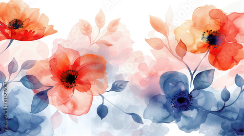 Beautiful watercolor floral illustration with vibrant red and blue flowers, perfect for artistic designs and creative projects.