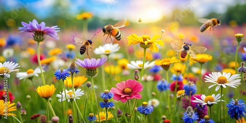 Tranquil meadow with buzzing honeybees and colorful wildflowers, meadow, harmonious, relationship, honeybees, blooming, wildflowers, pollinators, ecosystems, vibrant, bee friendly photo
