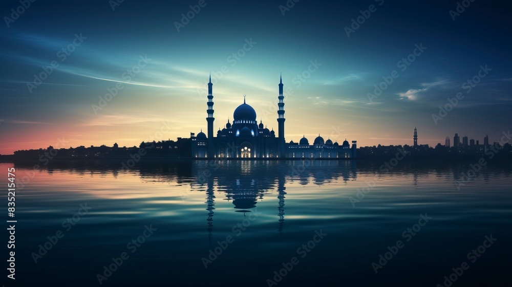 Ramadan Kareem religious background with mosque silhouettes reflected in serene sea, copy space, generative ai Ramadan Kareem religious background with mosque silhouettes reflected in serene sea, copy space, generative ai