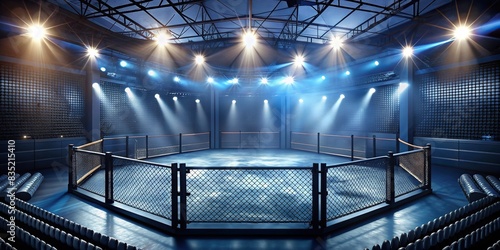 Empty MMA arena under the floodlights , fighting championship, night, battle, cage, sport, competition, martial arts, arena, spotlight, event, ring, combat, championship, fight night, match photo