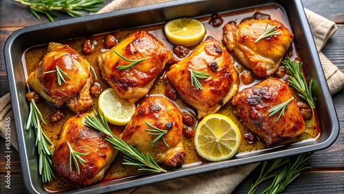 Glazed chicken thighs on a tray with sauce, lemon wedges, and rosemary, Glazed, chicken thighs, tray, sauce, lemon wedges, rosemary, horizontal, top view, food photography, savory photo