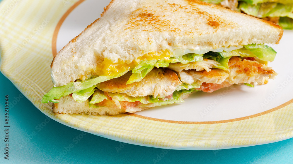 Half of sliced club sandwich on plate close up Half of sliced club sandwich on plate close up