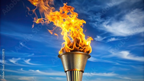 Olympic flame held against blue sky background  torch symbolizing international sports games   Olympic  flame  blue sky  background  torch  symbol  international  sports  games  competition