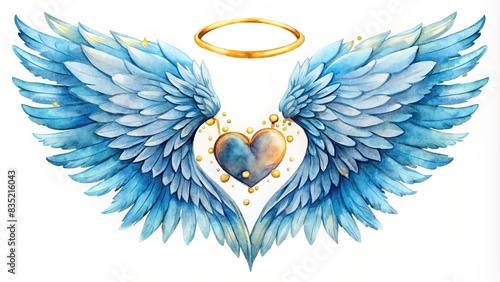 Watercolor of blue angel wings with gold halo and hearts , watercolor, angel wings, blue, gold, halo, hearts, realistic,feathers, celestial, heavenly, spiritual, divine, wings, artwork photo