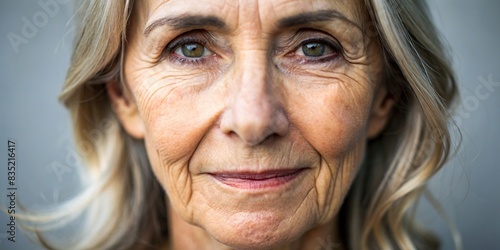 Close up of a mature middle aged woman's bare face showing signs of aging , wrinkles, natural beauty, skincare, mature skin, wrinkles, aging gracefully, aging process, bare face