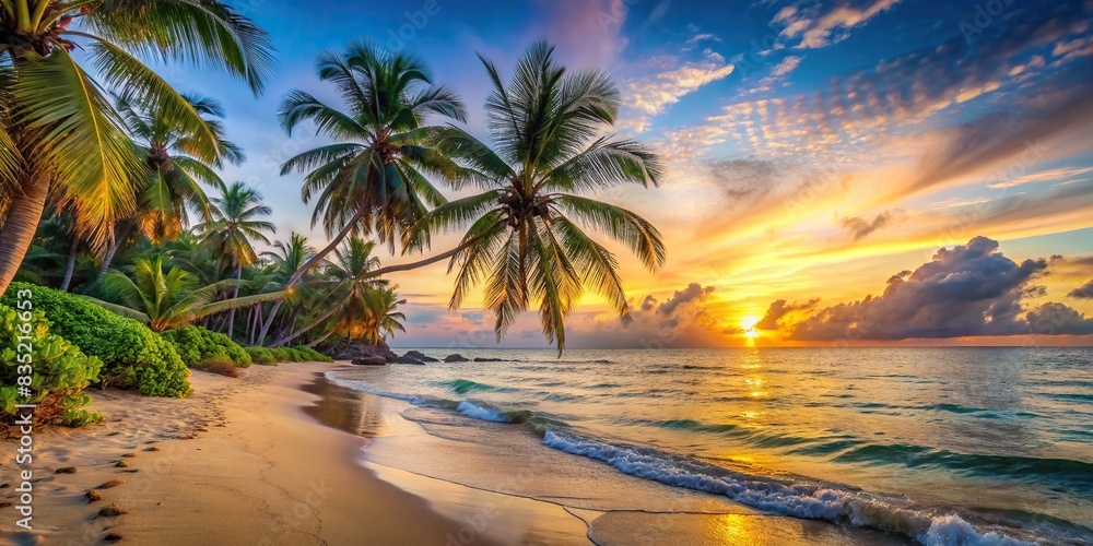 Tranquil tropical beach at sunset with palm trees and calm ocean , vacation, sunset, tropical, beach, island, ocean, palm trees, relaxation, serene, peaceful, paradise, getaway, travel