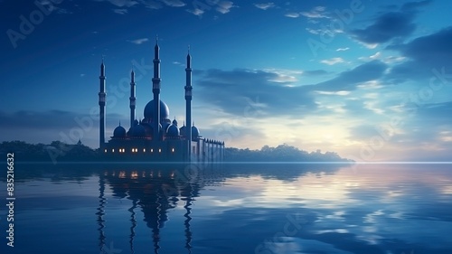 Ramadan Kareem religious background with mosque silhouettes reflected in serene sea, copy space, generative ai © ImronDesign