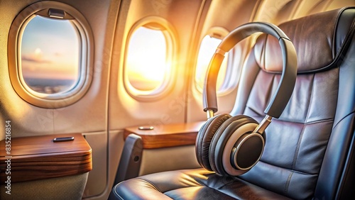 A lifestyle portrait of a pair of headphones on an airplane seat, airplane, long haul flight, travel, headphones, music, relaxation, sleeping, comfort, brunette, woman, leisure photo