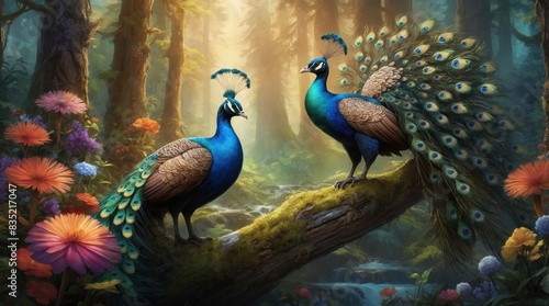 Amazing realism picture, beautiful majestic peacock bird in summer forest showing the beauty of wildlife
