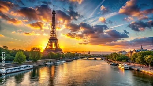Sunset over the Eiffel Tower and river Seine , Paris, France, landmark, iconic, architecture, cityscape, tourism, romantic, evening, dusk, panoramic, travel destination, famous, skyline photo